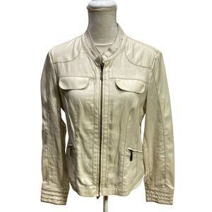 CC Couture Jacket Women Size M Tan Linen Faux Leather Y2K Style Zip Monk Collar